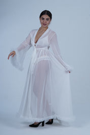AXTZH Elegant Three-Piece Nightwear Set with Flowing Sheer Robe, Matching Belt, and Intimate Inner Layer X0330-WHITE-BIK3PN