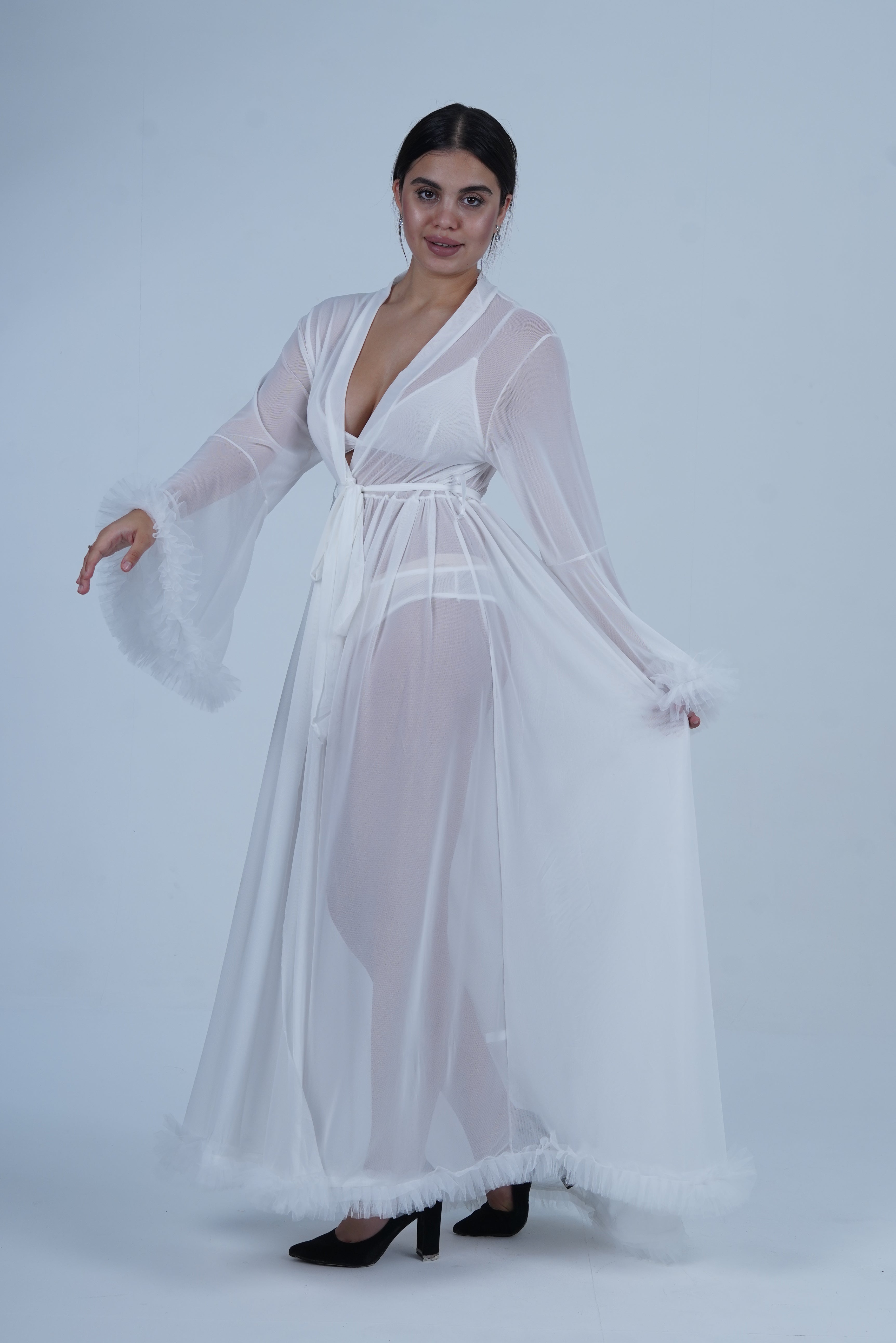 AXTZH Elegant Three-Piece Nightwear Set with Flowing Sheer Robe, Matching Belt, and Intimate Inner Layer X0330-WHITE-BIK3PN