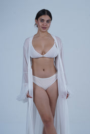 AXTZH Elegant Three-Piece Nightwear Set with Flowing Sheer Robe, Matching Belt, and Intimate Inner Layer X0330-WHITE-BIK3PN