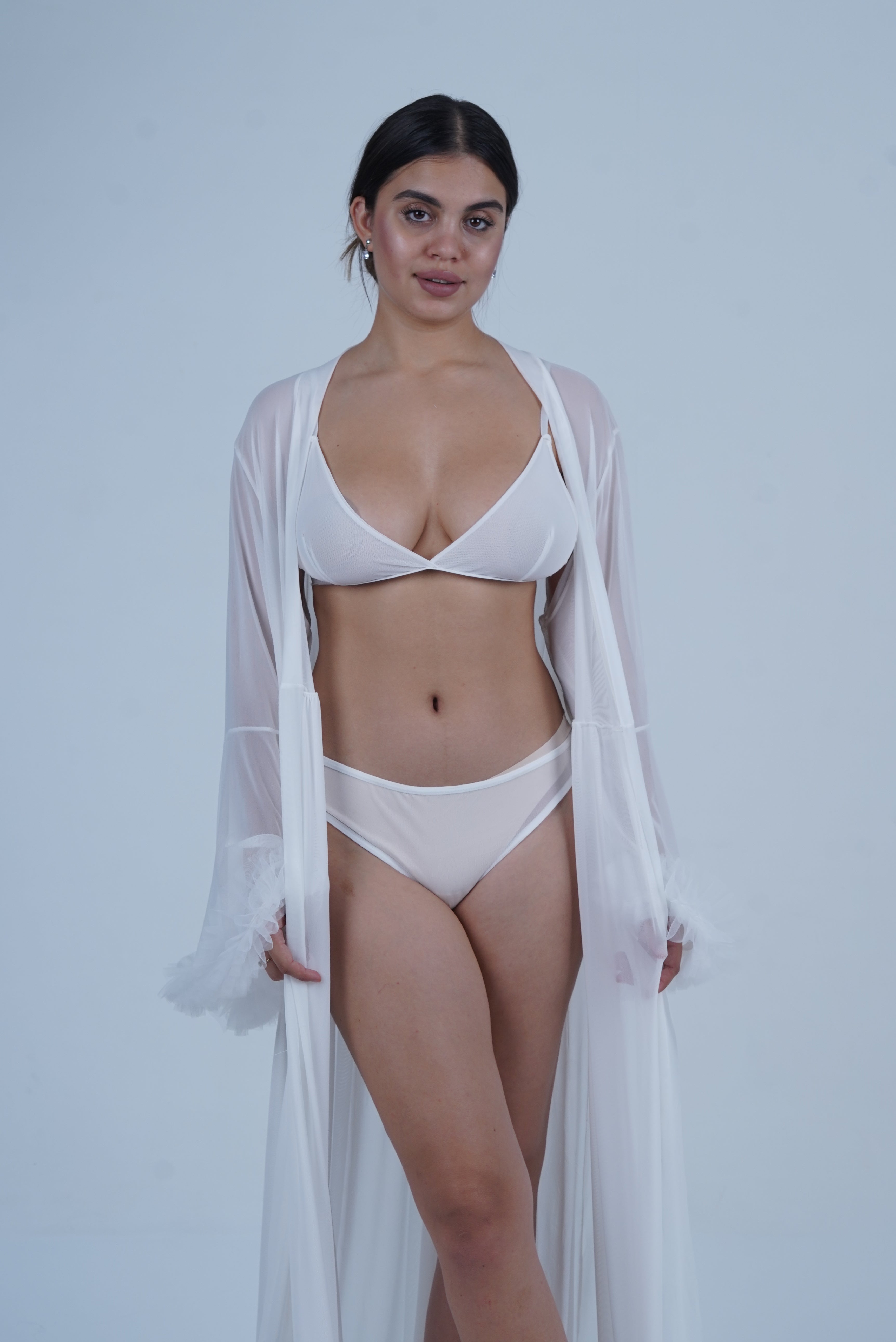 AXTZH Elegant Three-Piece Nightwear Set with Flowing Sheer Robe, Matching Belt, and Intimate Inner Layer X0330-WHITE-BIK3PN