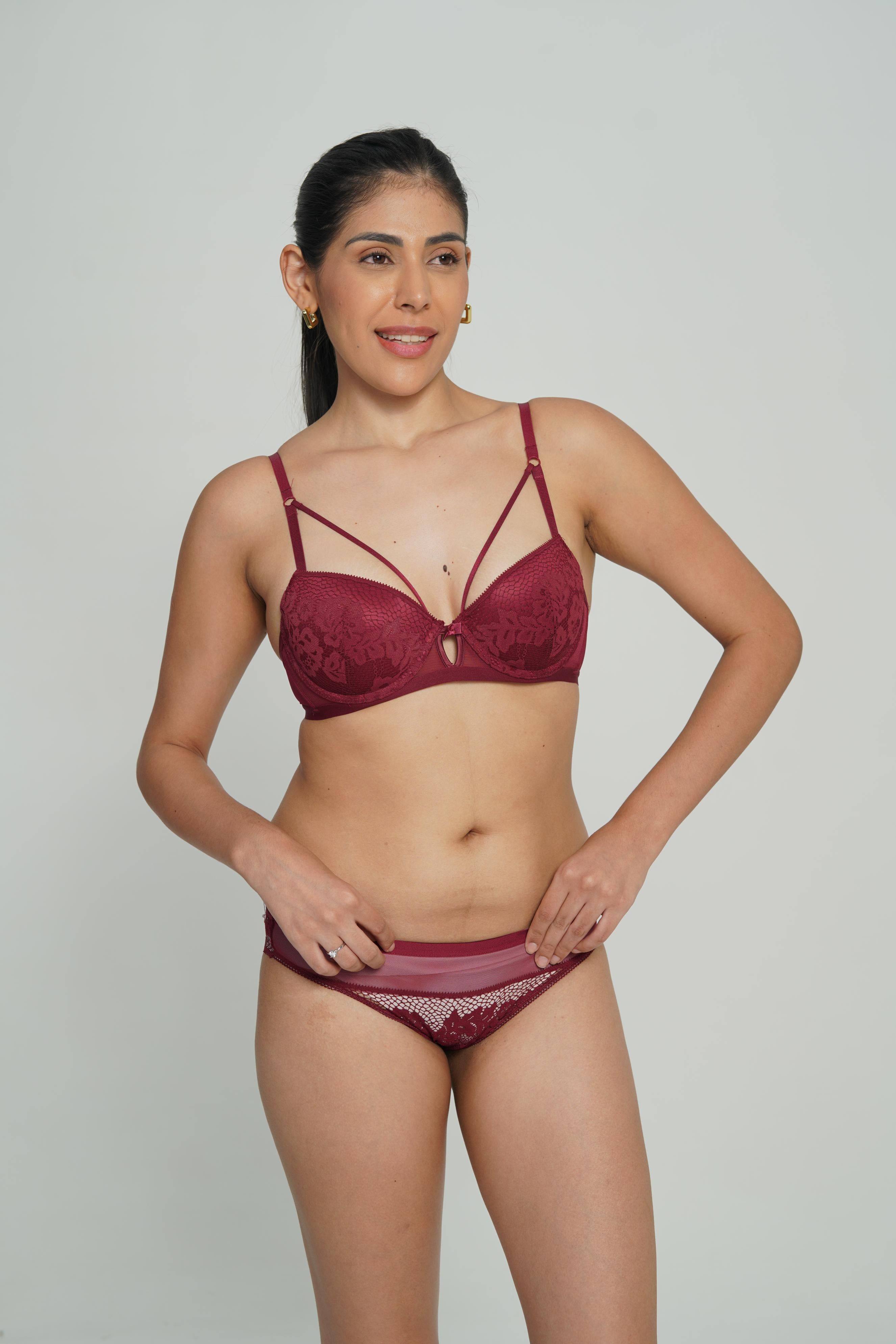 BELLAGIO Stylish Sexy Bra with Strappy Neckline and Refined Lace Finish BB5073-MERLOT-DN202