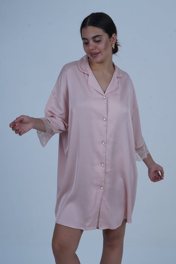 AXTZH Relaxed Fit Nightwear for Women with Shirt Collar and Soft Satin Finish X2654-BLUSH-G1S