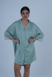 AXTZH Relaxed Fit Nightwear for Women with Shirt Collar and Soft Satin Finish X2654-SEAFOAM-G1S