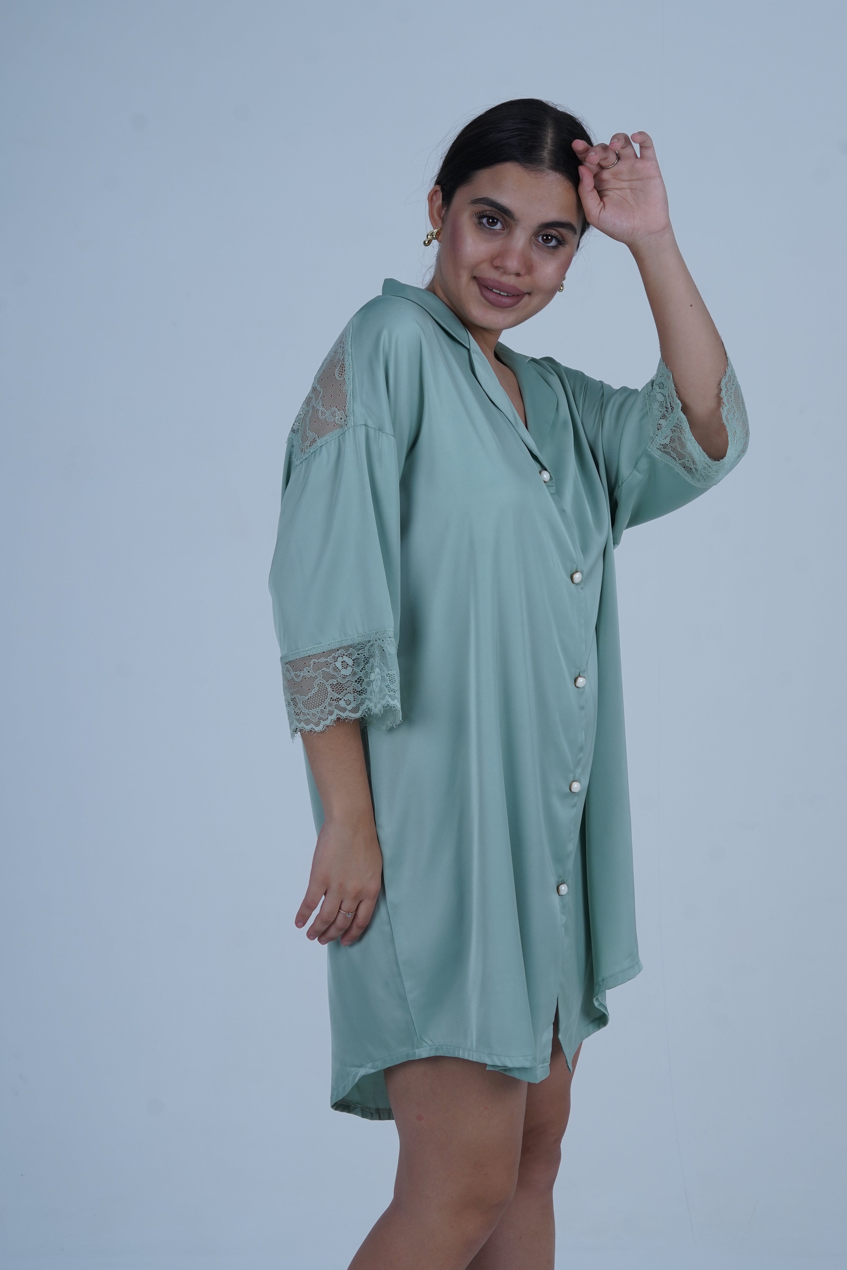 AXTZH Relaxed Fit Nightwear for Women with Shirt Collar and Soft Satin Finish X2654-SEAFOAM-G1S