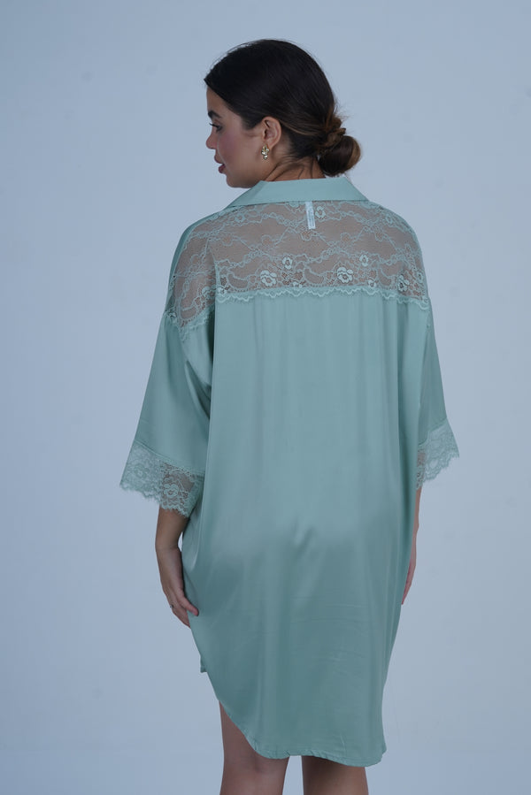 AXTZH Relaxed Fit Nightwear for Women with Shirt Collar and Soft Satin Finish X2654-SEAFOAM-G1S