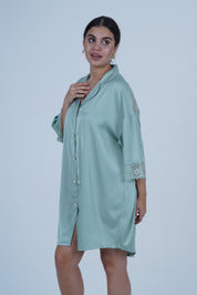 AXTZH Relaxed Fit Nightwear for Women with Shirt Collar and Soft Satin Finish X2654-SEAFOAM-G1S