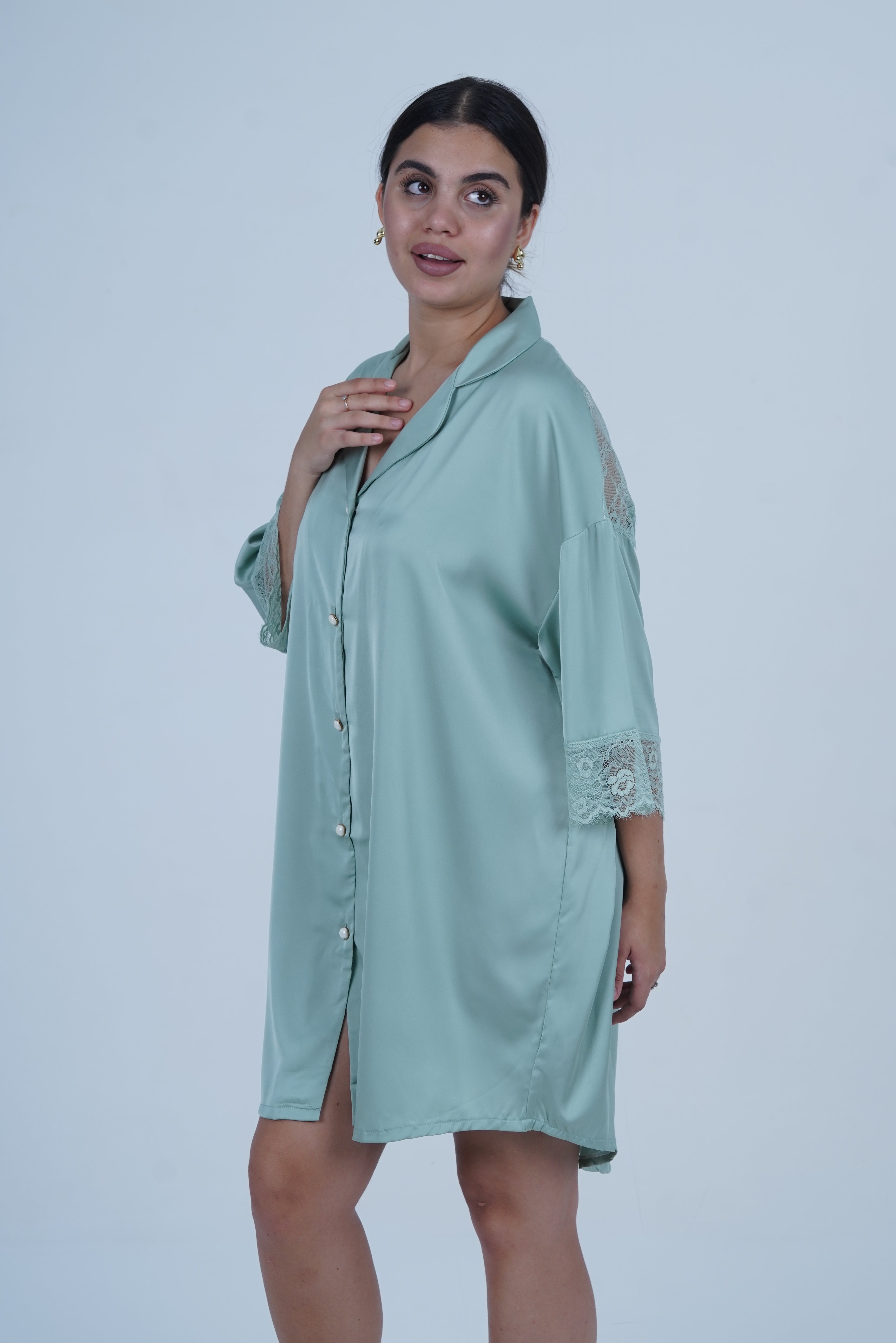 AXTZH Relaxed Fit Nightwear for Women with Shirt Collar and Soft Satin Finish X2654-SEAFOAM-G1S
