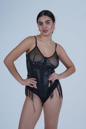 AXTZH Alluring One-Piece Women’s Nightwear with Mesh, Straps, and Fringe Highlights X0002-BLACK-BS1P
