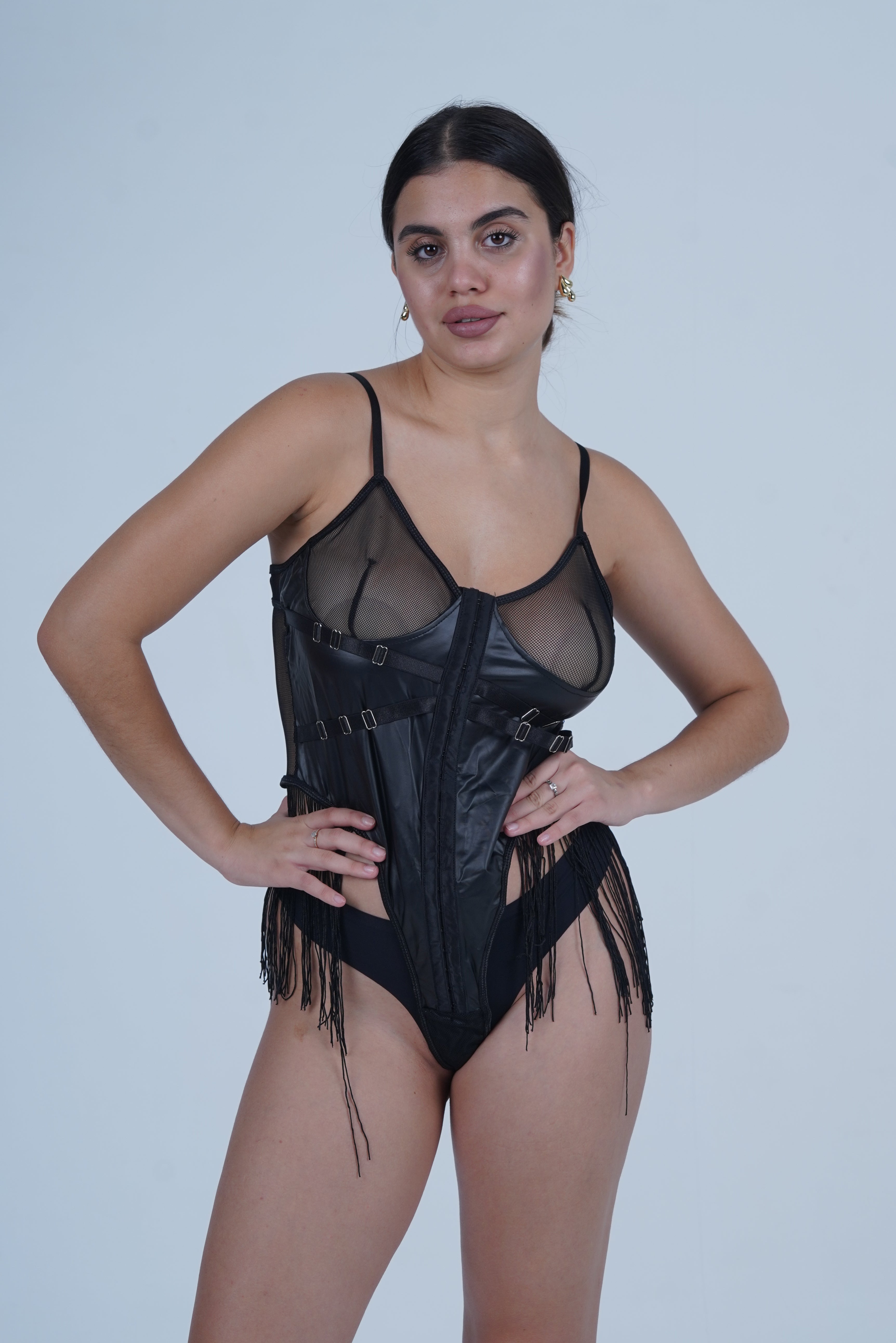 AXTZH Alluring One-Piece Women’s Nightwear with Mesh, Straps, and Fringe Highlights X0002-BLACK-BS1P