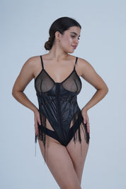 AXTZH Alluring One-Piece Women’s Nightwear with Mesh, Straps, and Fringe Highlights X0002-BLACK-BS1P