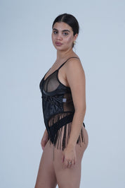 AXTZH Alluring One-Piece Women’s Nightwear with Mesh, Straps, and Fringe Highlights X0002-BLACK-BS1P