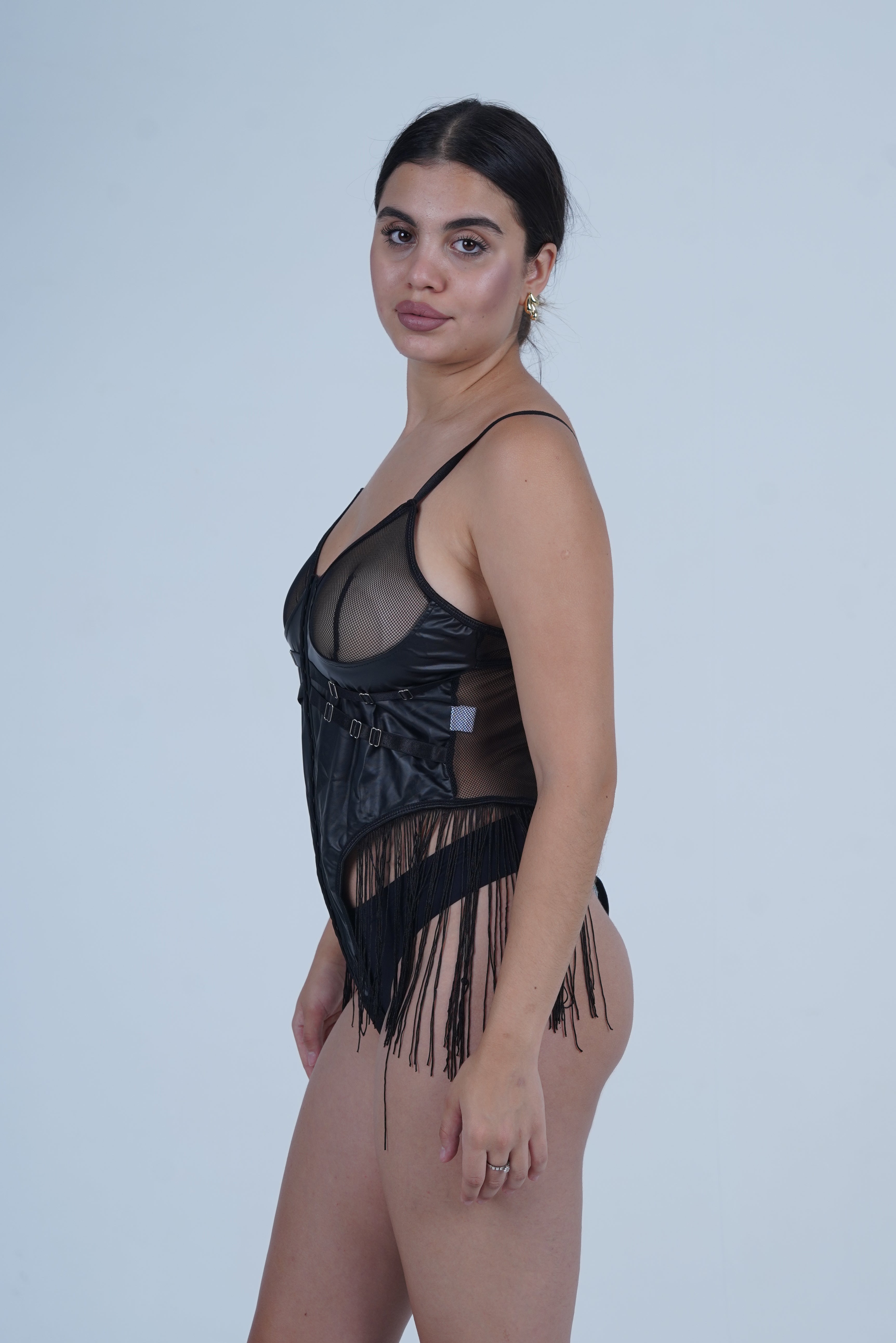 AXTZH Alluring One-Piece Women’s Nightwear with Mesh, Straps, and Fringe Highlights X0002-BLACK-BS1P