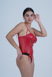 AXTZH Stylish One-Piece Nightwear for Women with Lace-Up Corset Design and Strappy Details X0009-RED-BS1P