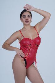 AXTZH Stylish One-Piece Nightwear for Women with Lace-Up Corset Design and Strappy Details X0009-RED-BS1P