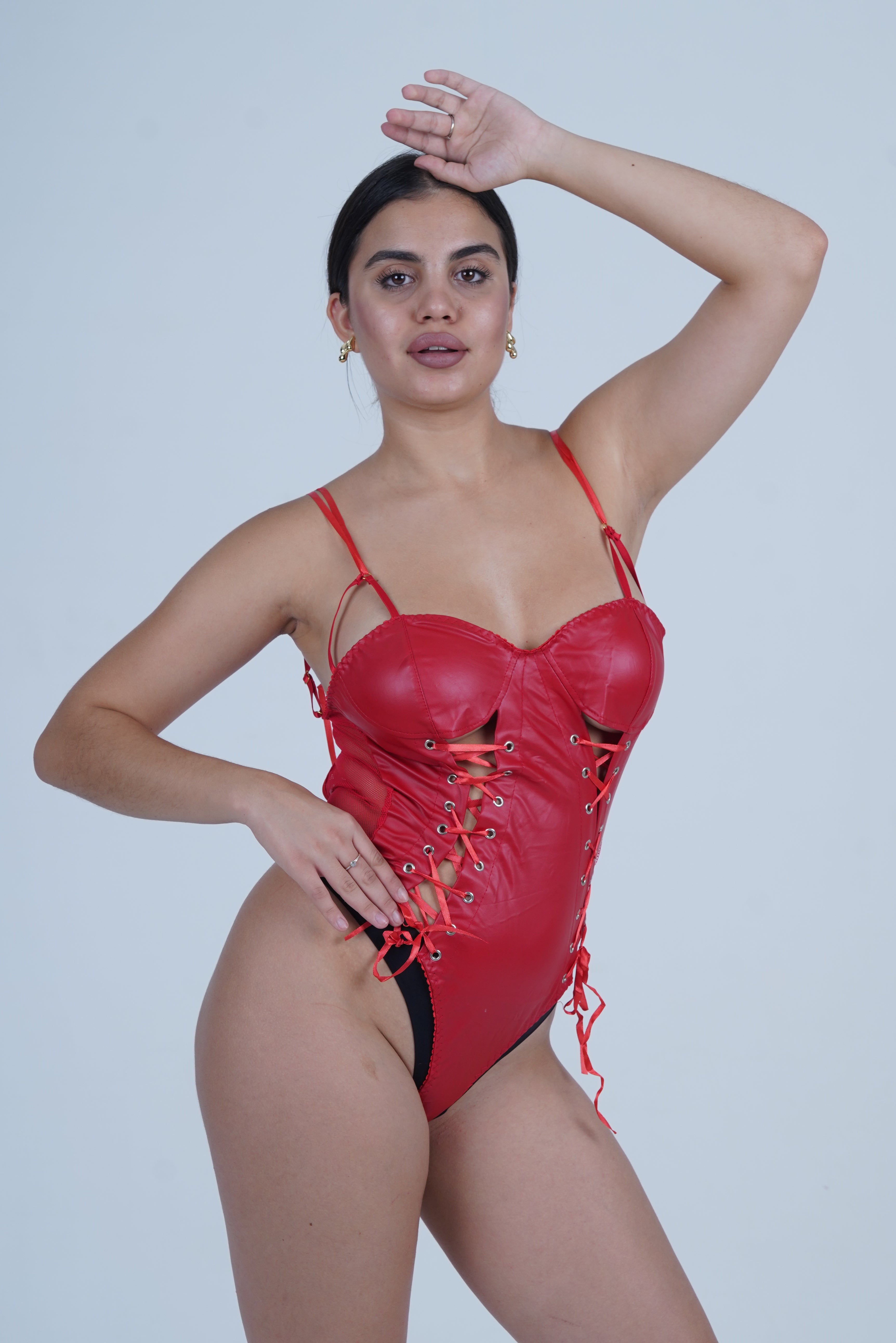 AXTZH Stylish One-Piece Nightwear for Women with Lace-Up Corset Design and Strappy Details X0009-RED-BS1P