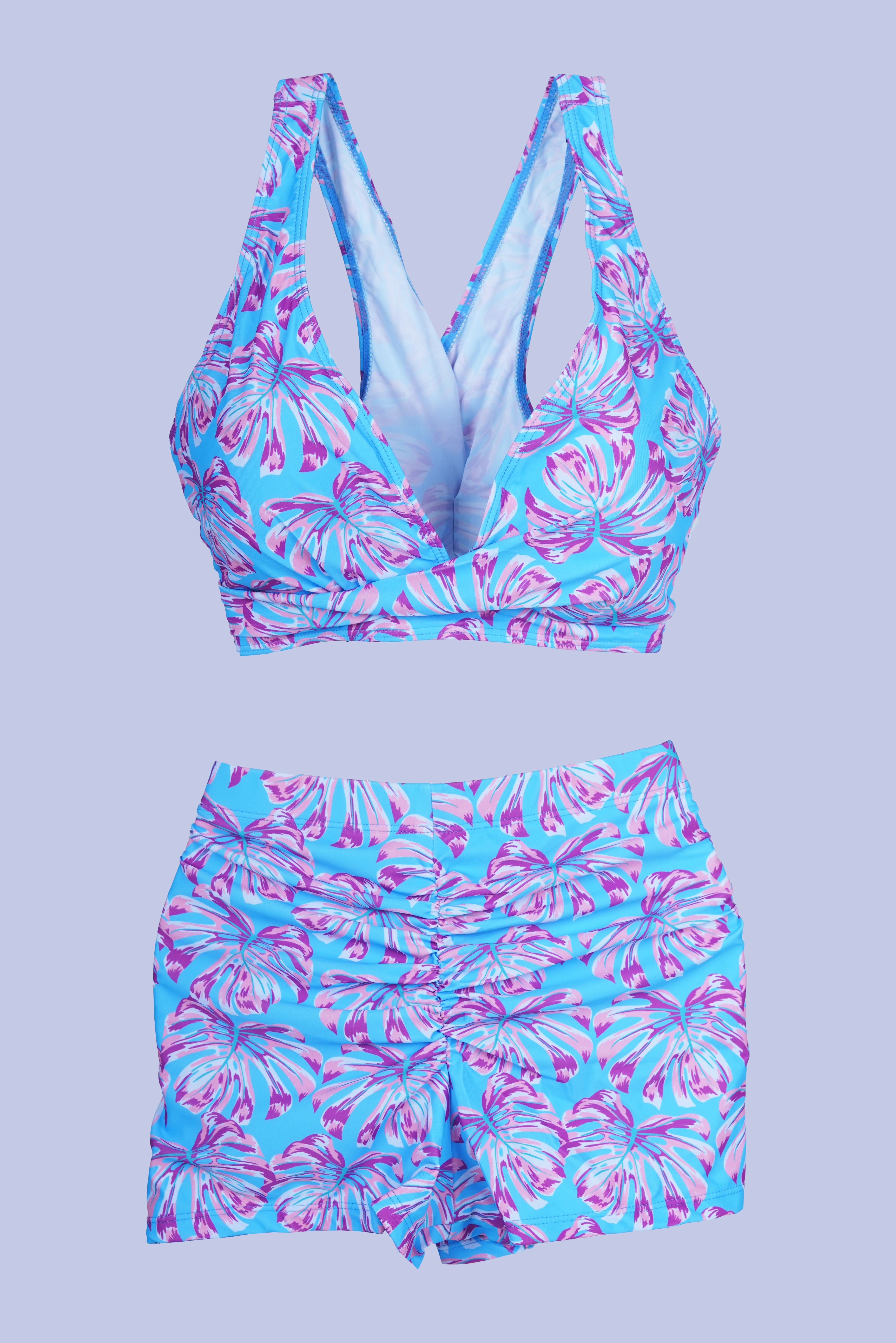 AXTZH Stylish 3-Piece Swimwear Set for Women with Coordinating Top, Shorts, and Breezy Cover-Up X0098-BLUPR-3PS