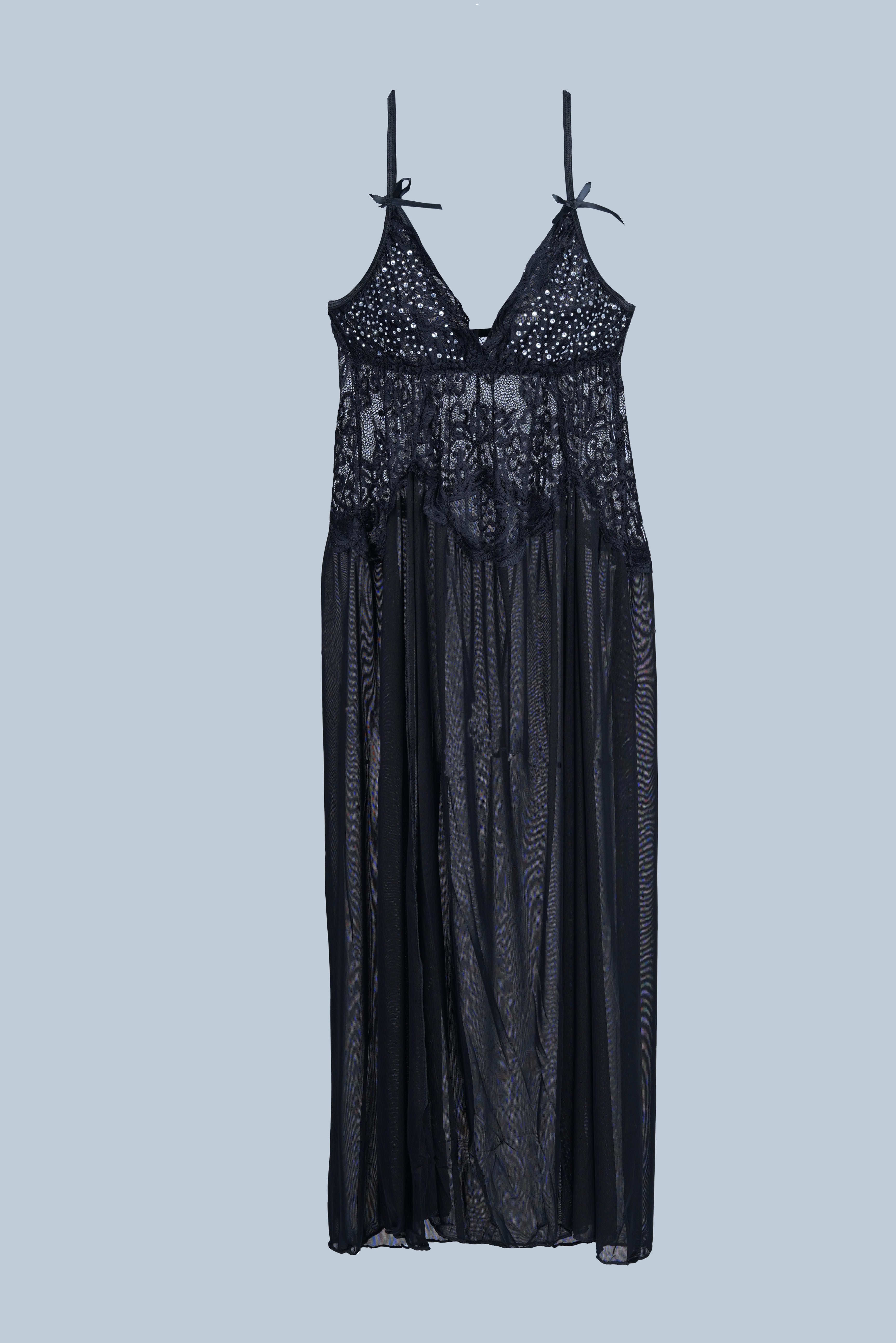 AXTZH Romantic Nightwear Set for Women with High Slit Sheer Design and Lace Accents X9095-BLACK-F2N