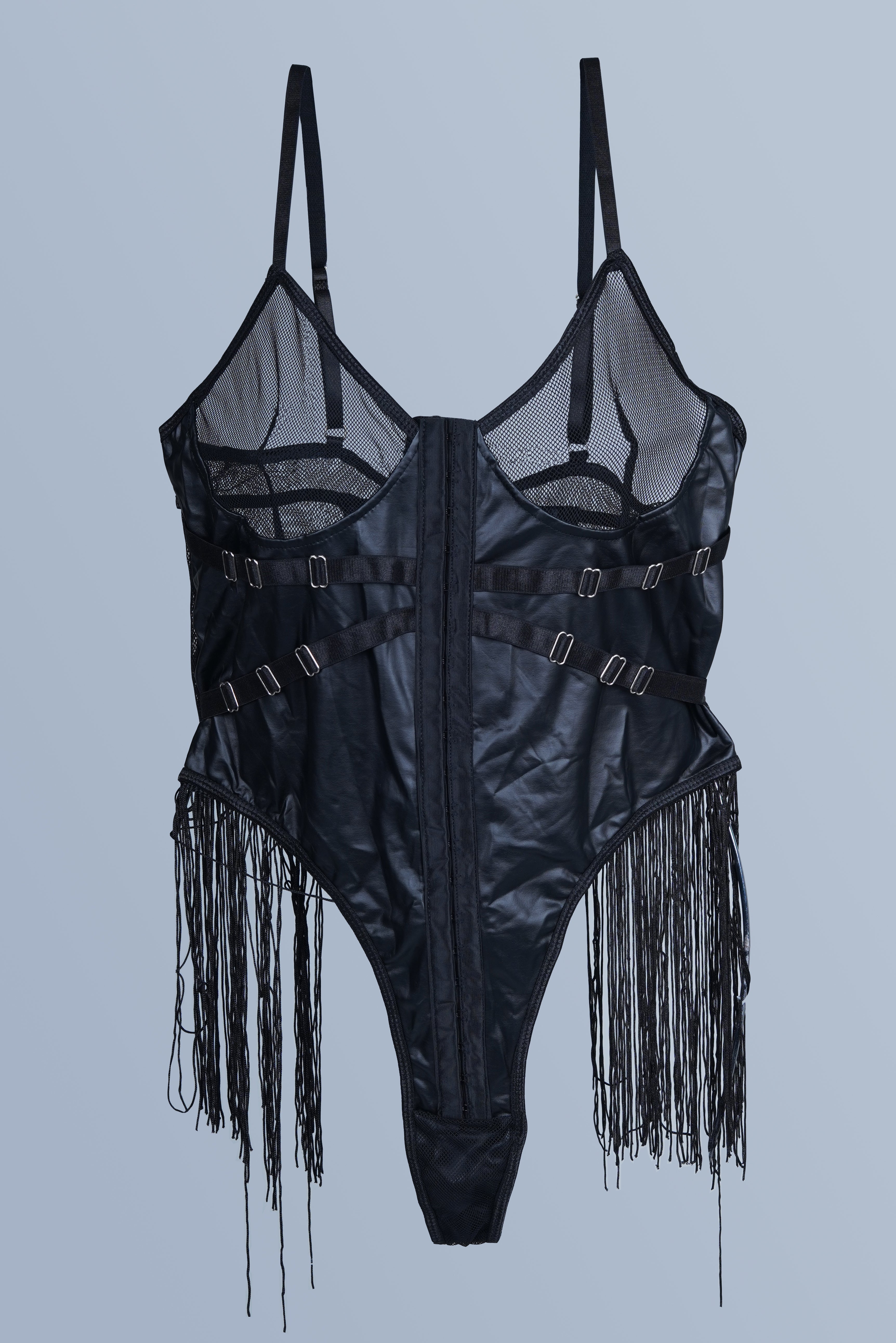 AXTZH Alluring One-Piece Women’s Nightwear with Mesh, Straps, and Fringe Highlights X0002-BLACK-BS1P