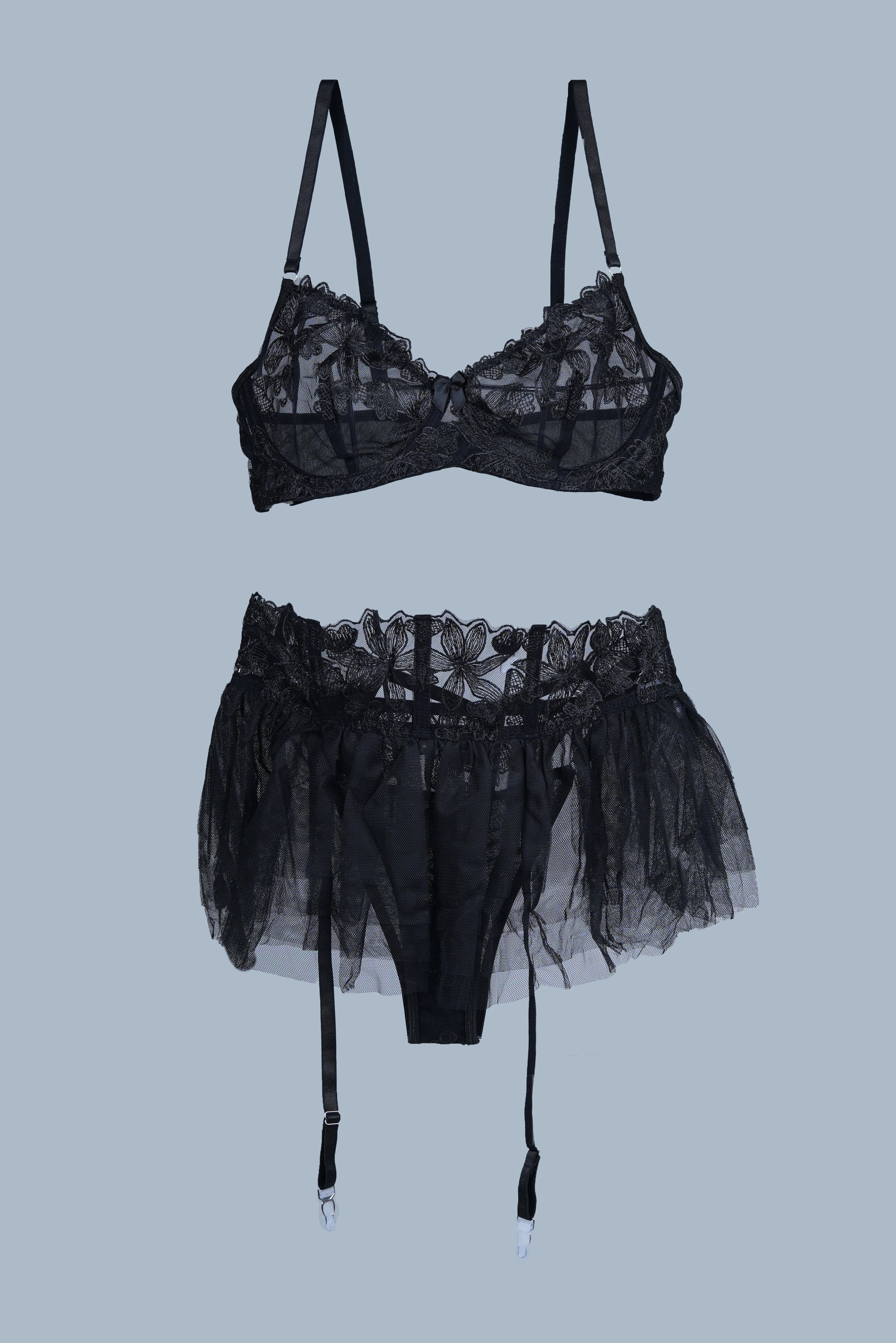 AXTZH Tulle Skirted 3-Piece Bodysuit Set X0133-BLACK-BS2P