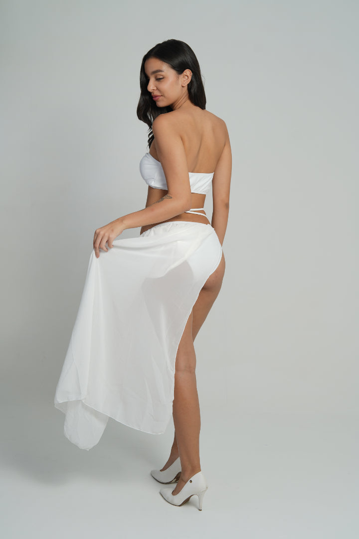 AXTZH 3-Piece Tie-Up Bikini Set with Sheer Sarong SWIM WEAR X1004-WHITE-3PB