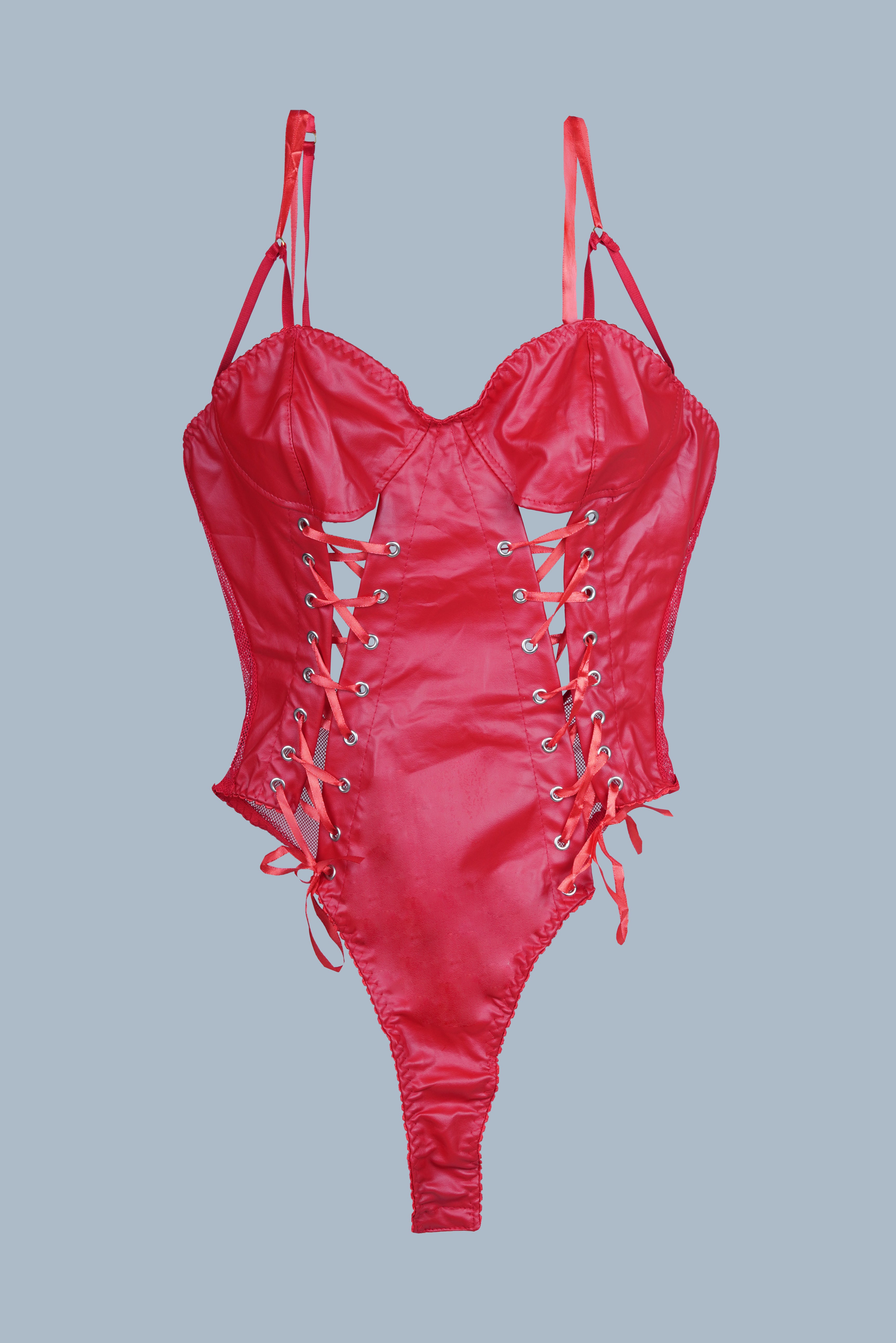 AXTZH Stylish One-Piece Nightwear for Women with Lace-Up Corset Design and Strappy Details X0009-RED-BS1P