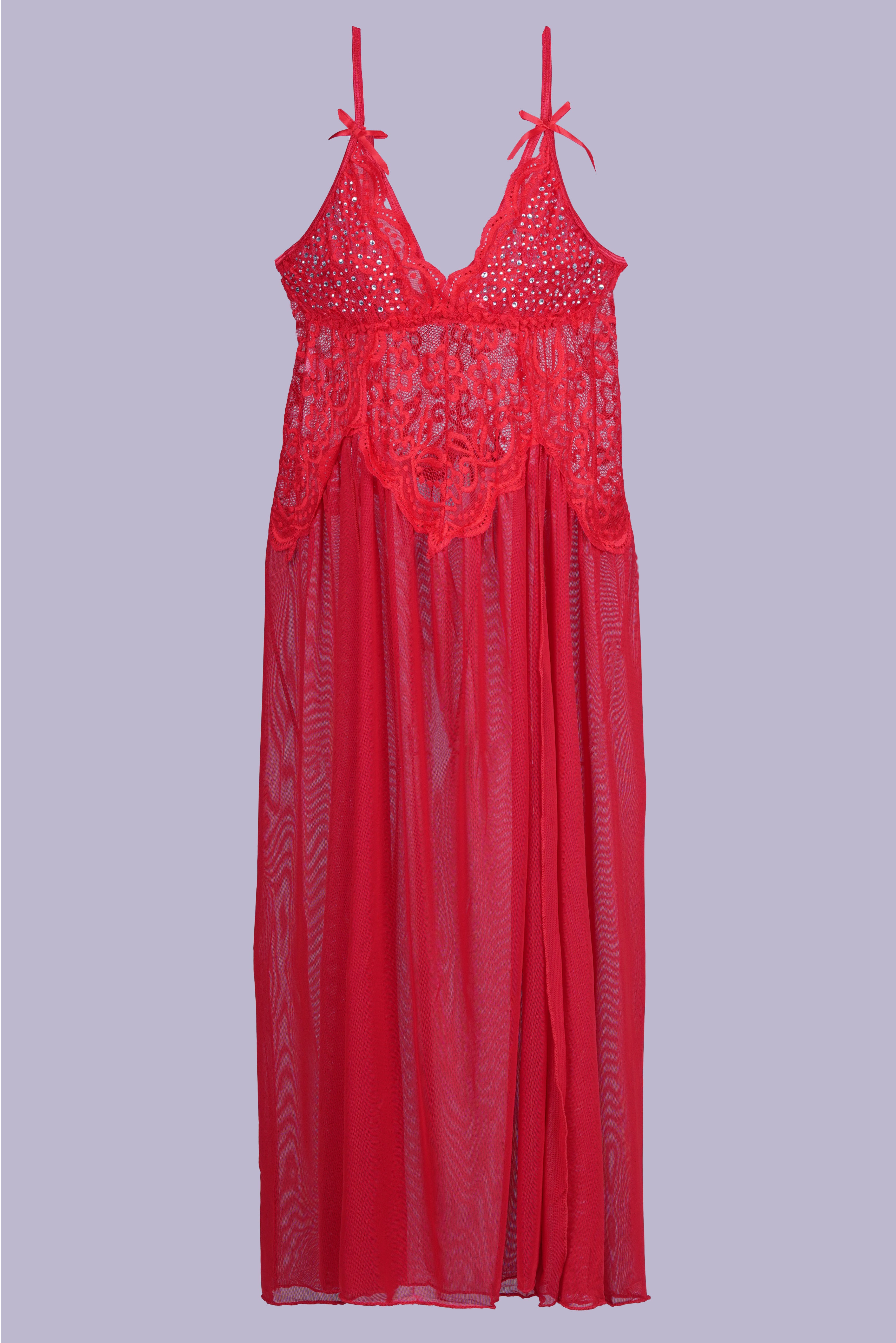 AXTZH Romantic Nightwear Set for Women with High Slit Sheer Design and Lace Accents X9095-RED-F2N