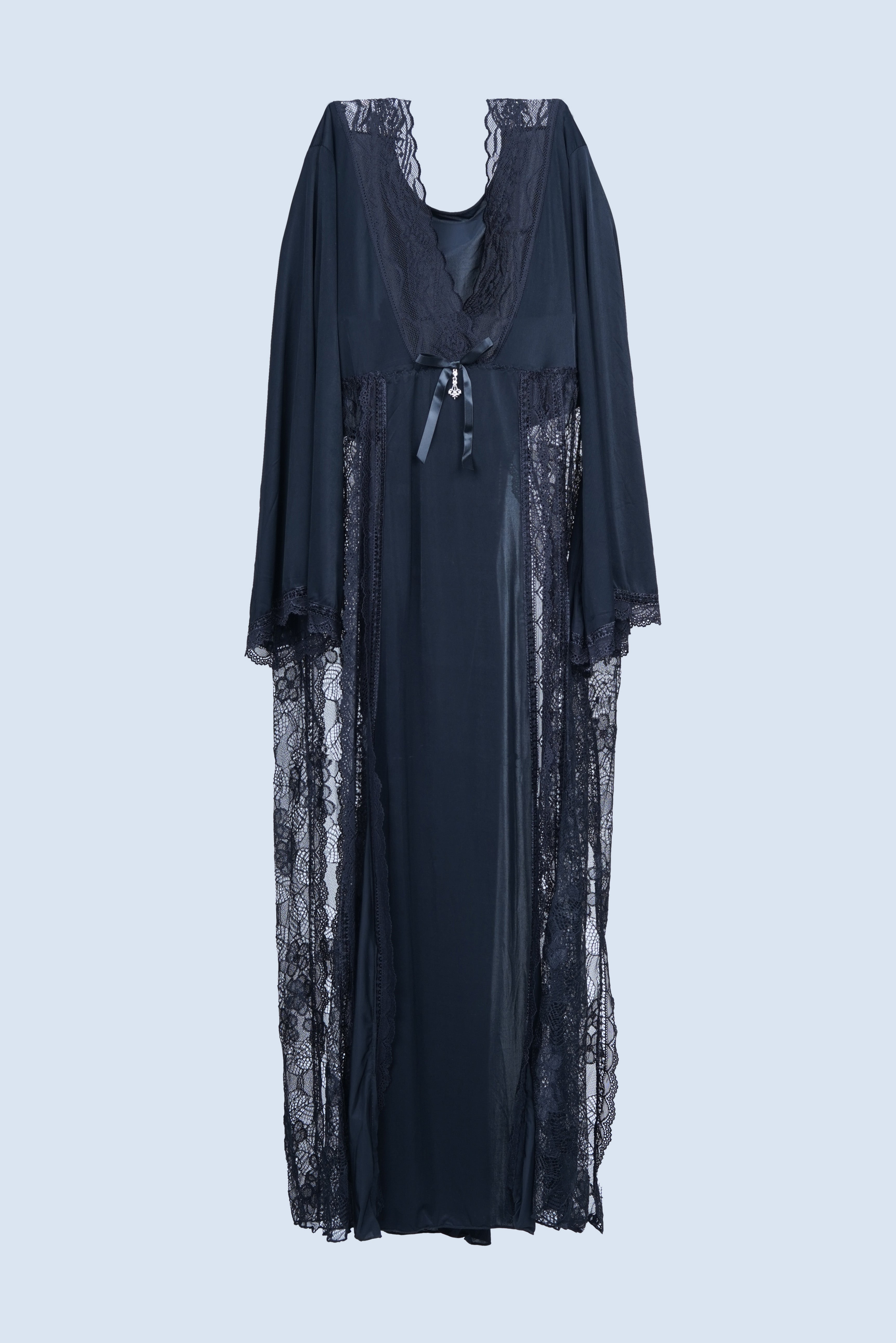 AXTZH  Romantic Nightwear Set for Women with Sheer Longline Robe and Lace Accents X3493-BLACK-F2M