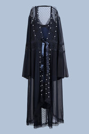 AXTZH Women’s Luxury Nightwear with Lace Trim, Satin Tie, and Semi-Sheer Flowing Design X0003-BLACK-F12M