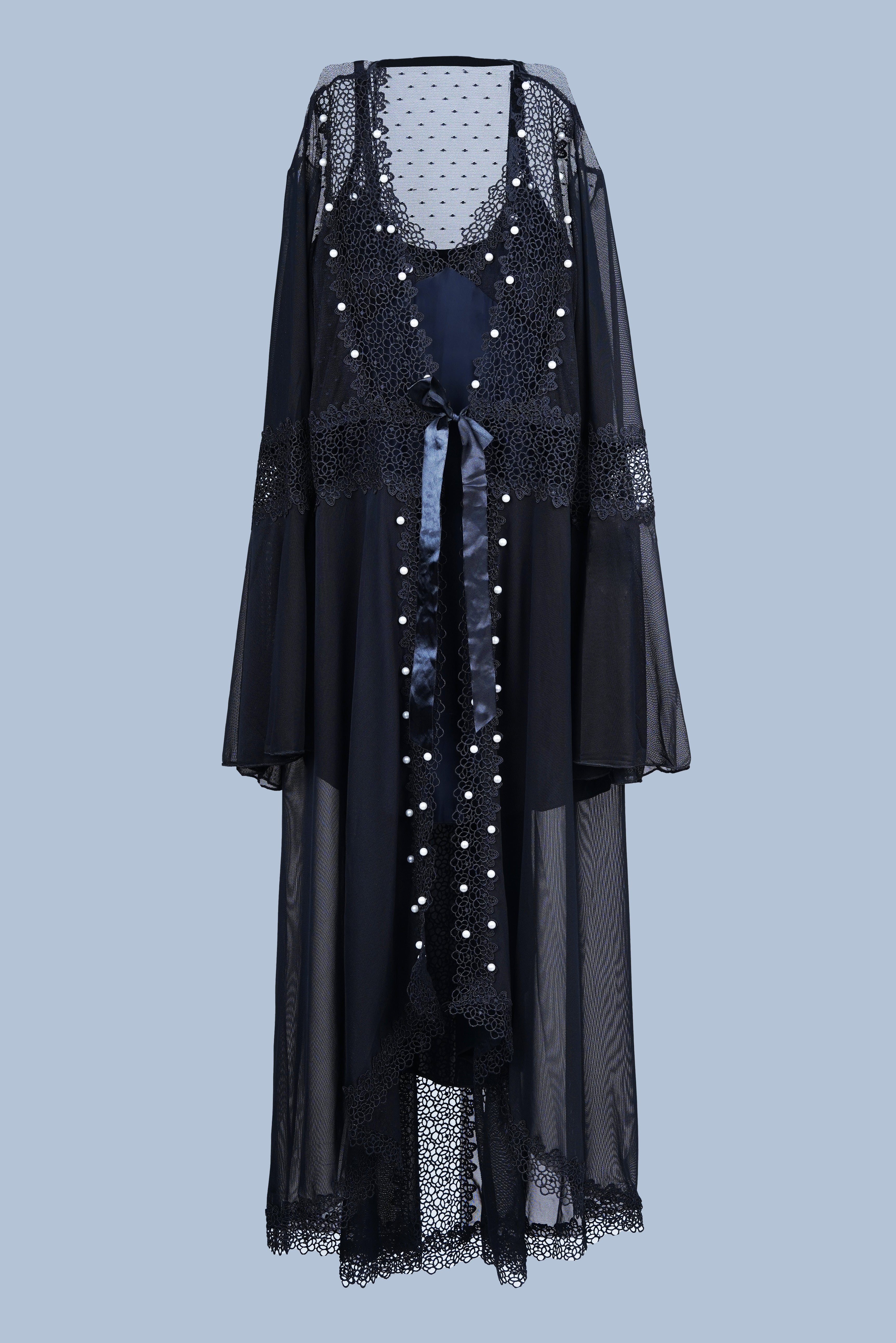 AXTZH Women’s Luxury Nightwear with Lace Trim, Satin Tie, and Semi-Sheer Flowing Design X0003-BLACK-F12M