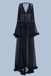 AXTZH Elegant Three-Piece Nightwear Set with Flowing Sheer Robe, Matching Belt, and Intimate Inner Layer X0330-BLACK-BIK3PN