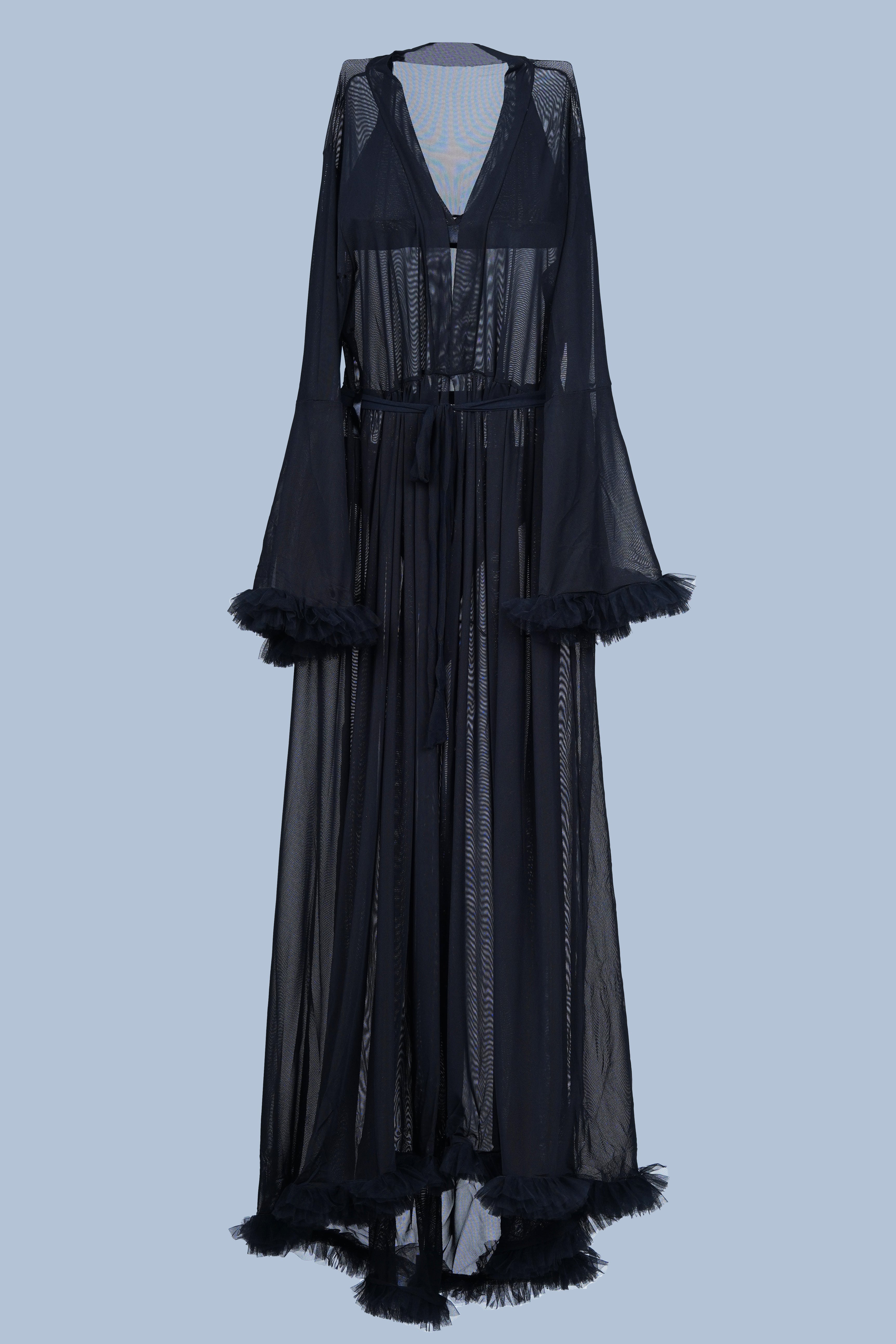 AXTZH Elegant Three-Piece Nightwear Set with Flowing Sheer Robe, Matching Belt, and Intimate Inner Layer X0330-BLACK-BIK3PN