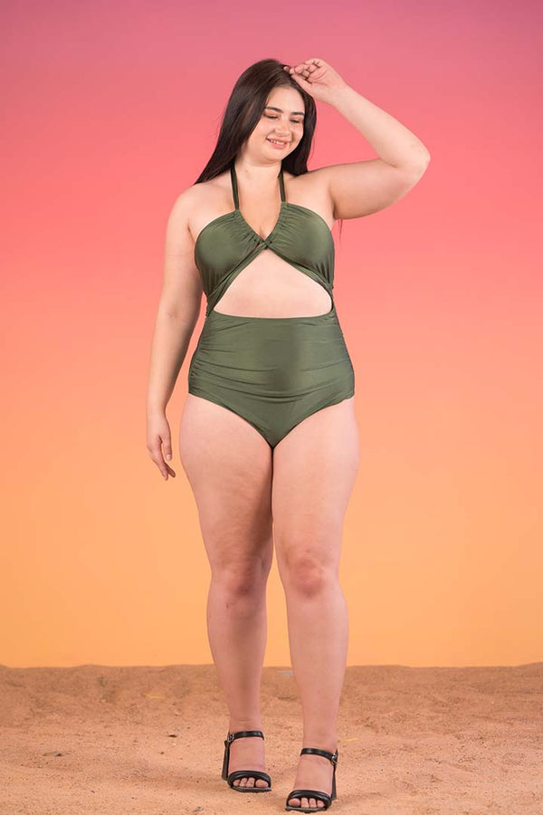 AXTZH Confident Cut-Out 3-Piece Swimsuit with Halter Neck X2505-OLIVE-2PM
