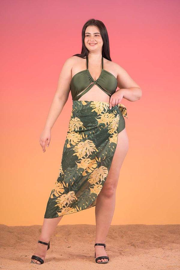 AXTZH Confident Cut-Out 3-Piece Swimsuit with Halter Neck X2505-OLIVE-2PM