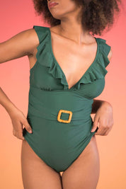 AXTZH Ruffled Belted 1-Piece Bodysuit X2508-PINE-1PM