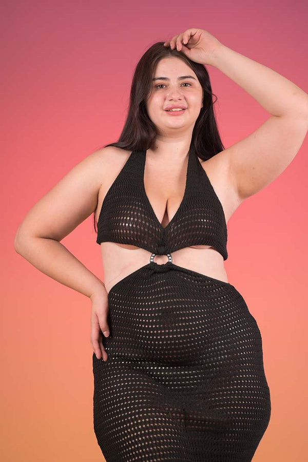 AXTZH One-Piece Knit Beachwear Dress X0410-BLACK-BW1PF