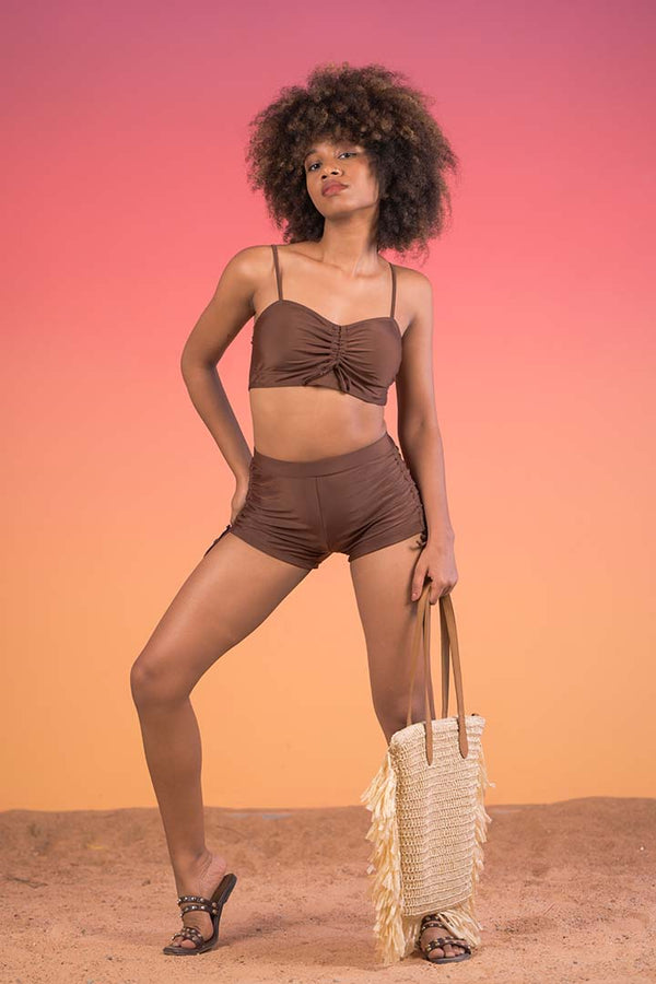 AXTZH Ruched High-Waisted Shorts Swimwear Set X9226-COFFEE-2PS