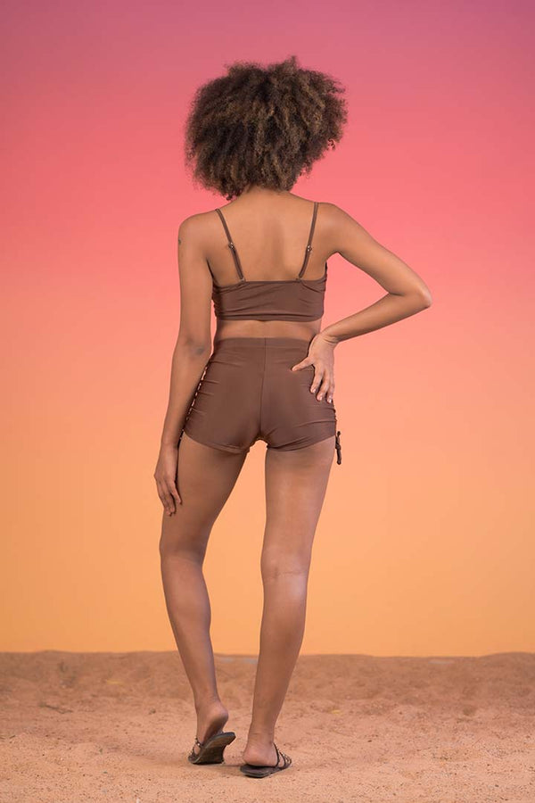 AXTZH Ruched High-Waisted Shorts Swimwear Set X9226-COFFEE-2PS