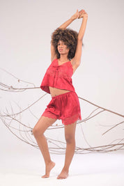 AXTZH  2-Piece Satin Nightwear with Shorts X6468-SCARLET-A4S