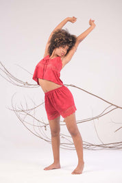 AXTZH  2-Piece Satin Nightwear with Shorts X6468-SCARLET-A4S