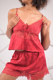 AXTZH  2-Piece Satin Nightwear with Shorts X6468-SCARLET-A4S