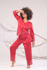 AXTZH  2-Piece Full-Length Satin Nightwear Set X6462-SCARLET-WC2S