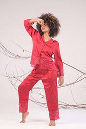 AXTZH  2-Piece Full-Length Satin Nightwear Set X6462-SCARLET-WC2S