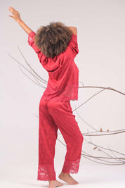 AXTZH  2-Piece Full-Length Satin Nightwear Set X6462-SCARLET-WC2S