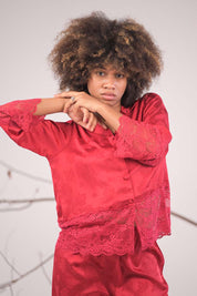 AXTZH  2-Piece Full-Length Satin Nightwear Set X6462-SCARLET-WC2S