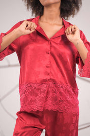 AXTZH  2-Piece Full-Length Satin Nightwear Set X6462-SCARLET-WC2S