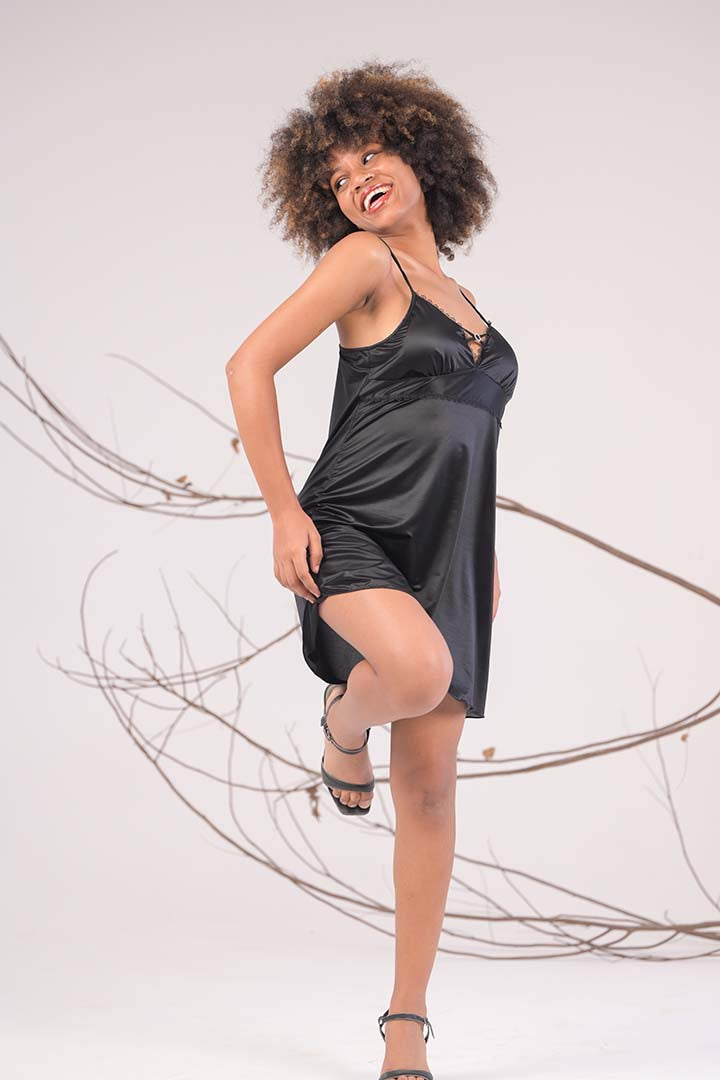 AXTZH Delicate One Piece Nightwear with Charming Bow Accent X0851-BLACK-F1L