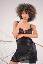 AXTZH Delicate One Piece Nightwear with Charming Bow Accent X0851-BLACK-F1L