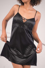 AXTZH Delicate One Piece Nightwear with Charming Bow Accent X0851-BLACK-F1L
