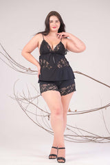 AXTZH 2-Piece Lace Trim Cami & Shorts Set Nightwear X0854-BLACK-A4L
