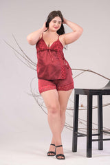 AXTZH Lace Panel Satin Camisole & Shorts Nightwear X0652-SCARLET-A4S